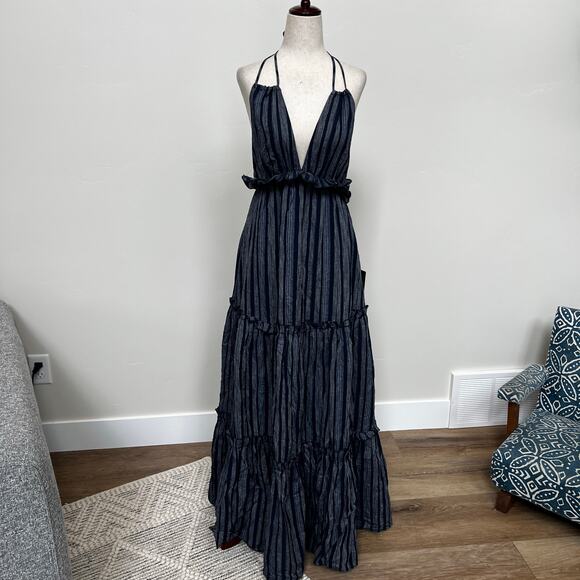 LULUS Women's Vacay Babe Navy Blue Striped Halter Maxi Dress Size M - Picture 4 of 11